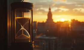 An hourglass with sand flowing sits by a window, framed by a warm sunset. A blurred city skyline is in the background.