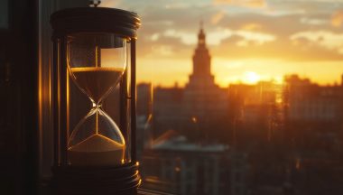 An hourglass with sand flowing sits by a window, framed by a warm sunset. A blurred city skyline is in the background.