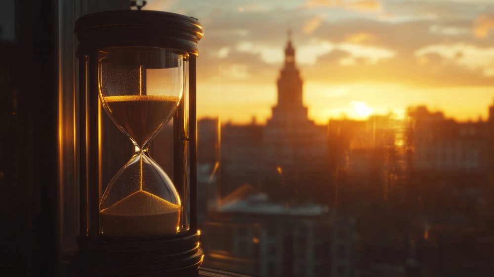 An hourglass with sand flowing sits by a window, framed by a warm sunset. A blurred city skyline is in the background.