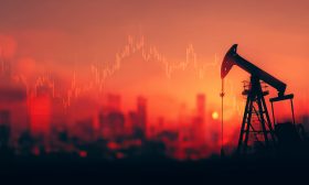 Silhouette of oil pump jack against a cityscape during sunset with falling stock graph