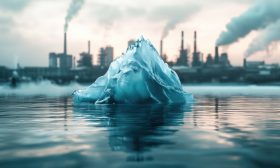 A melting iceberg floating in a polluted ocean, blurred factories in the distance