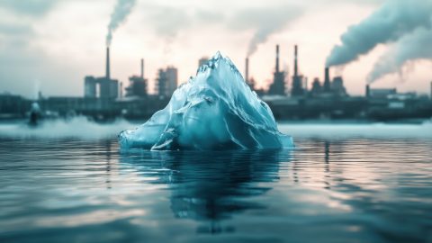 A melting iceberg floating in a polluted ocean, blurred factories in the distance