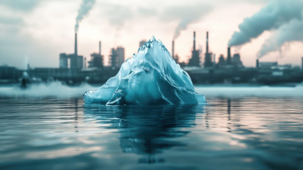 A melting iceberg floating in a polluted ocean, blurred factories in the distance
